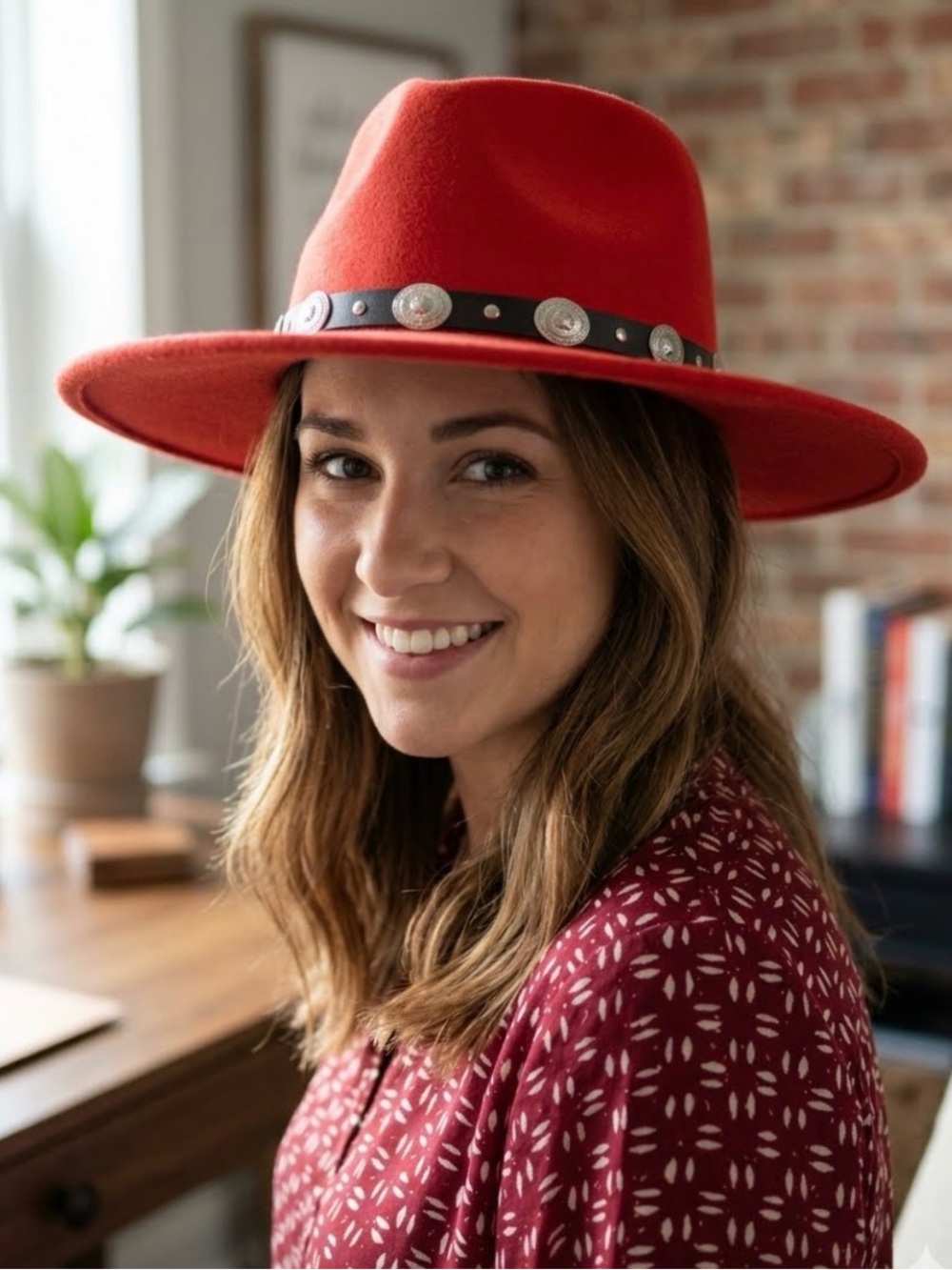 Red Wide-Brim Fedora Hat with Concho Band